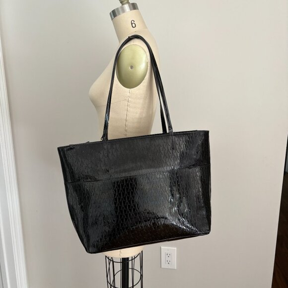 Karl Lagerfeld Paris Logo Tote Handbag with Coin Purse Black Patent Leather - Picture 3 of 16